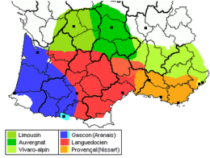 La/e lingua/e d´oc. A sinistra il guascone. Nella Catalogna la varietà guascona, chiamata aranese, è assieme al catalano e al castigliano lingua ufficiale - http://upload.wikimedia.org/wikipedia/commons/thumb/2/27/Occitan-Dialects.PNG/350px-Occitan-Dialects.PNG 