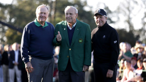 Honorary Starters (L-R) Masters champion Jack Nicklaus, Masters champion Arnold Palmer and Masters champion Gary Player of South Africa pose for a photo on the No. 1 tee during Round 1 at Augusta National Golf Club on Thursday April 7, 2016.